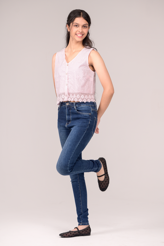 Top with embroidered fabric and finished with fine edge lace