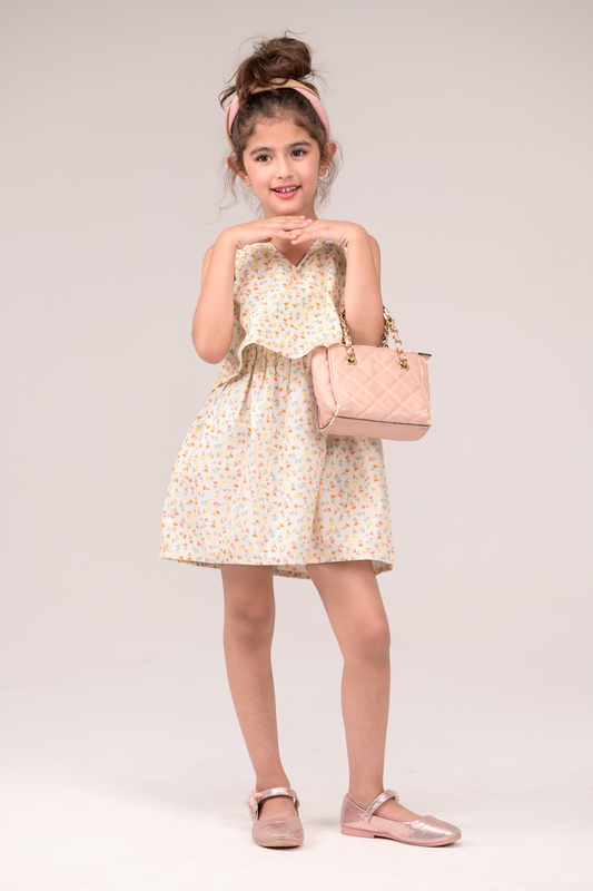 Sleeveless frock with a gentle V‑neck and two flowing layers