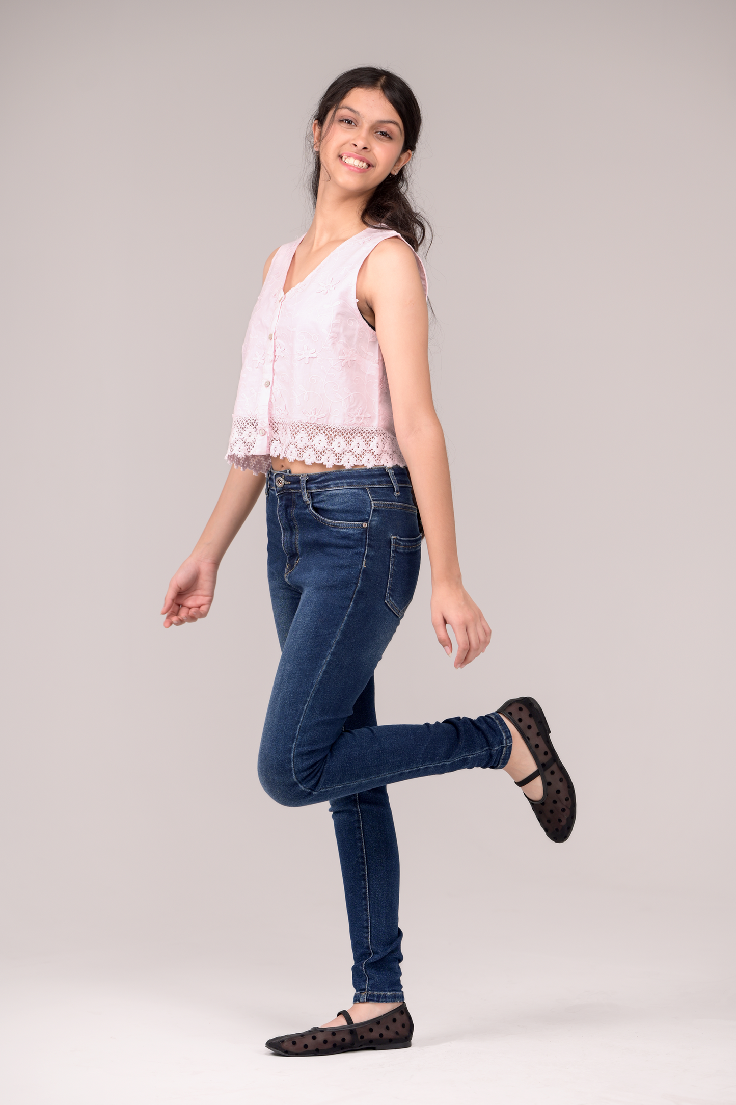 Top with embroidered fabric and finished with fine edge lace