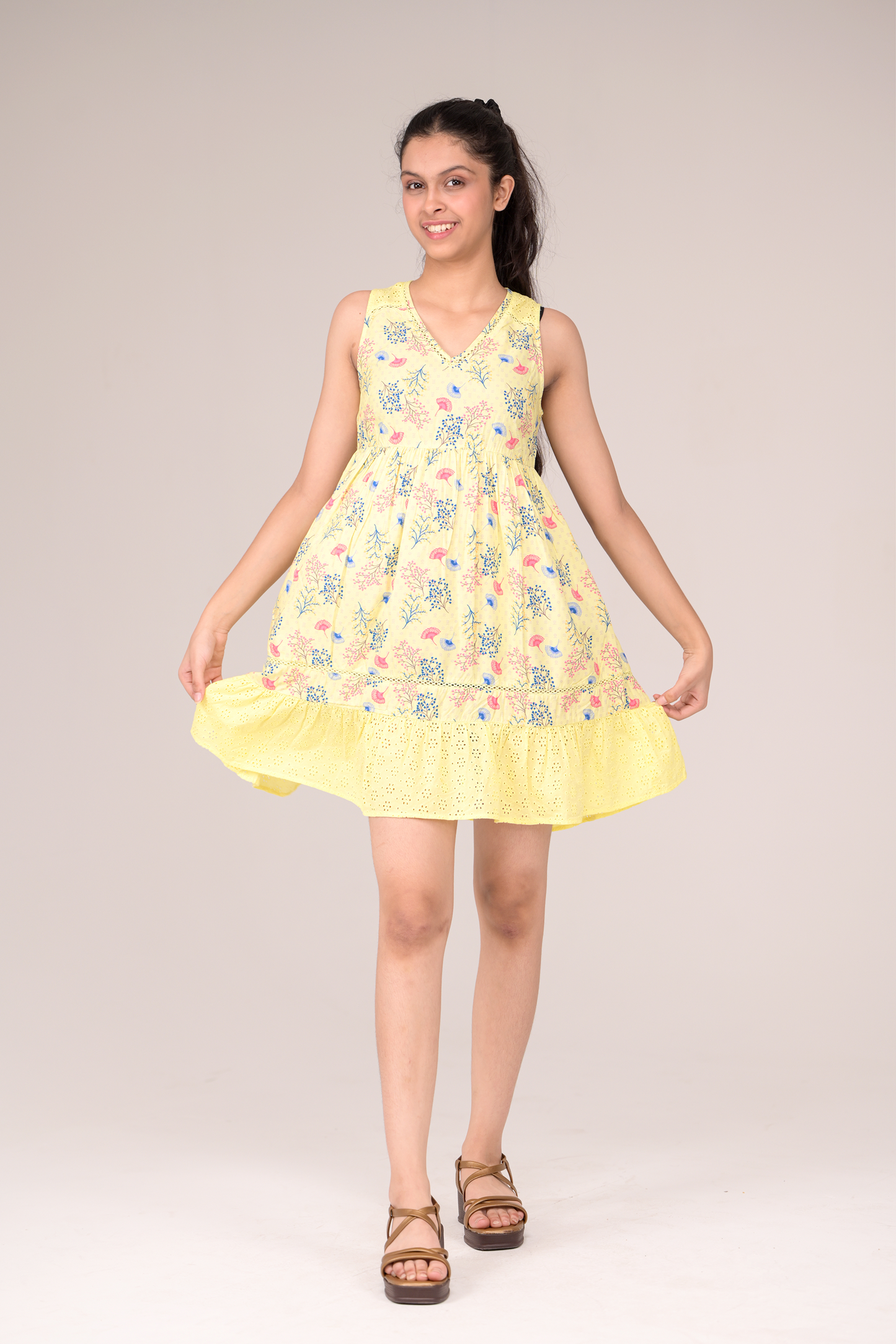 V-neck frock trimmed with delicate lace