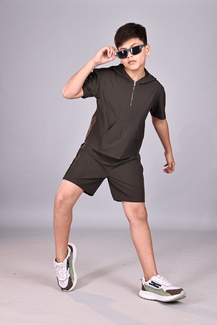 Boys Nylon Spandex Hooded Co-Ord Set with Tape Details