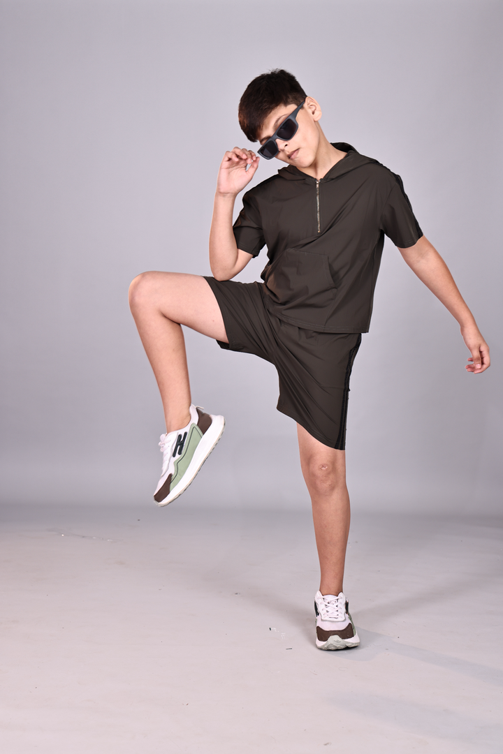 Boys Nylon Spandex Hooded Co-Ord Set with Tape Details