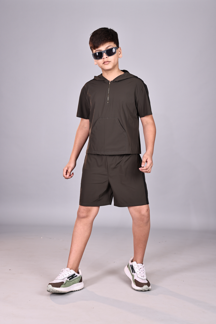 Boys Nylon Spandex Hooded Co-Ord Set with Tape Details