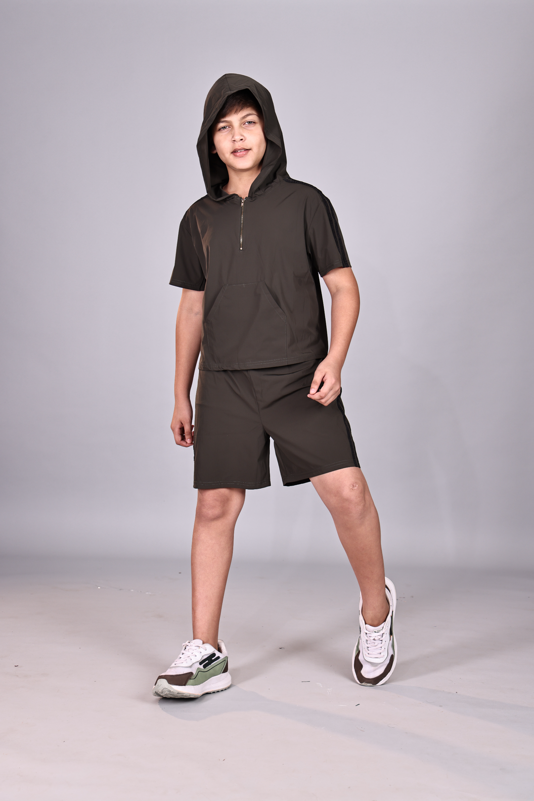 Boys Nylon Spandex Hooded Co-Ord Set with Tape Details