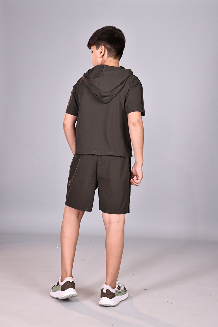 Boys Nylon Spandex Hooded Co-Ord Set with Tape Details