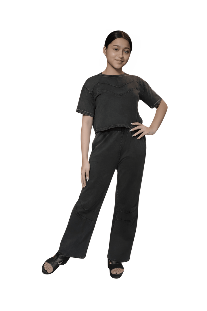 ATHLZR Girls' 100% Cotton Overdyed Acid Wash Co-Ord Set