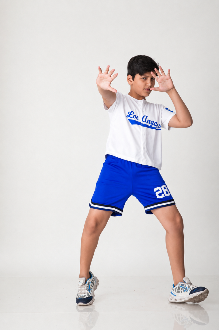 Los Angeles Varsity Co-ord Set – White Baseball Jersey & Royal Blue Shorts