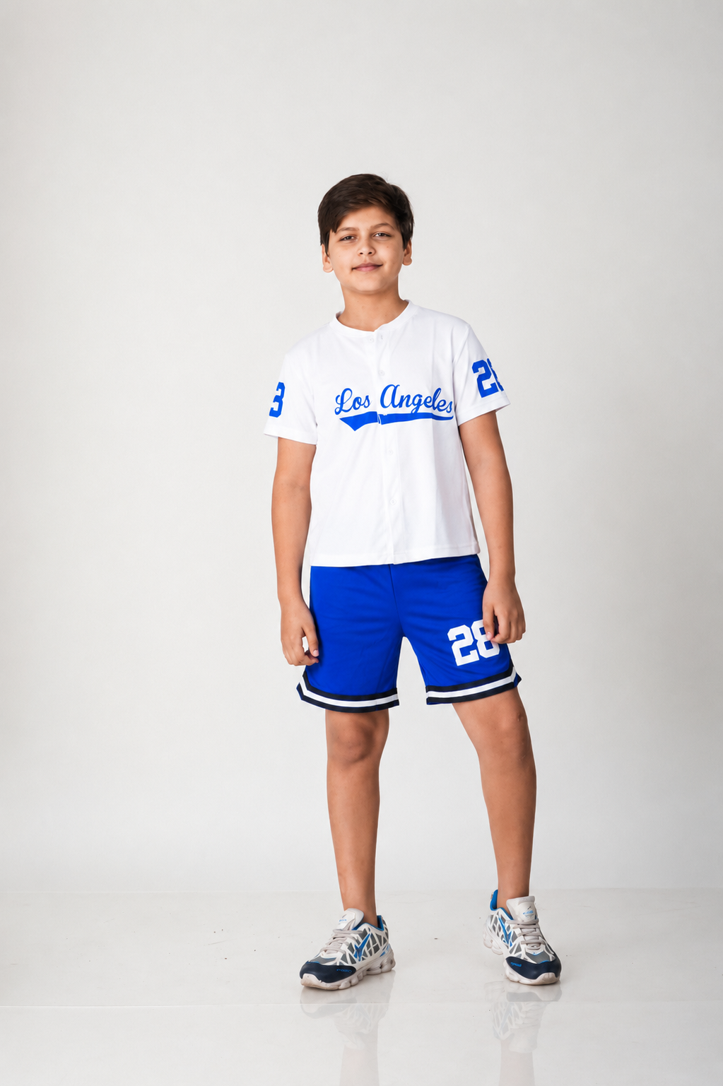 Los Angeles Varsity Co-ord Set – White Baseball Jersey & Royal Blue Shorts