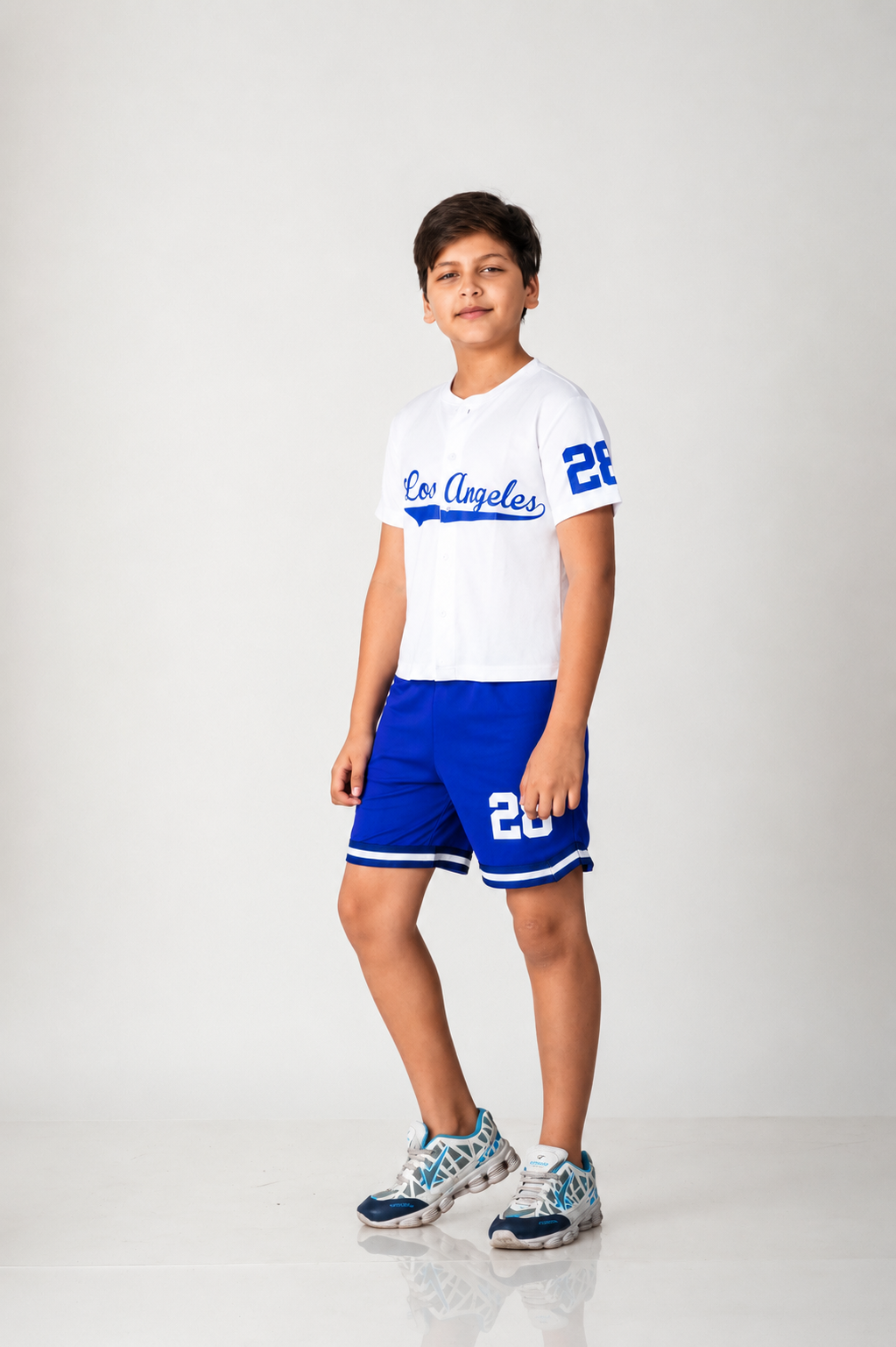 Los Angeles Varsity Co-ord Set – White Baseball Jersey & Royal Blue Shorts