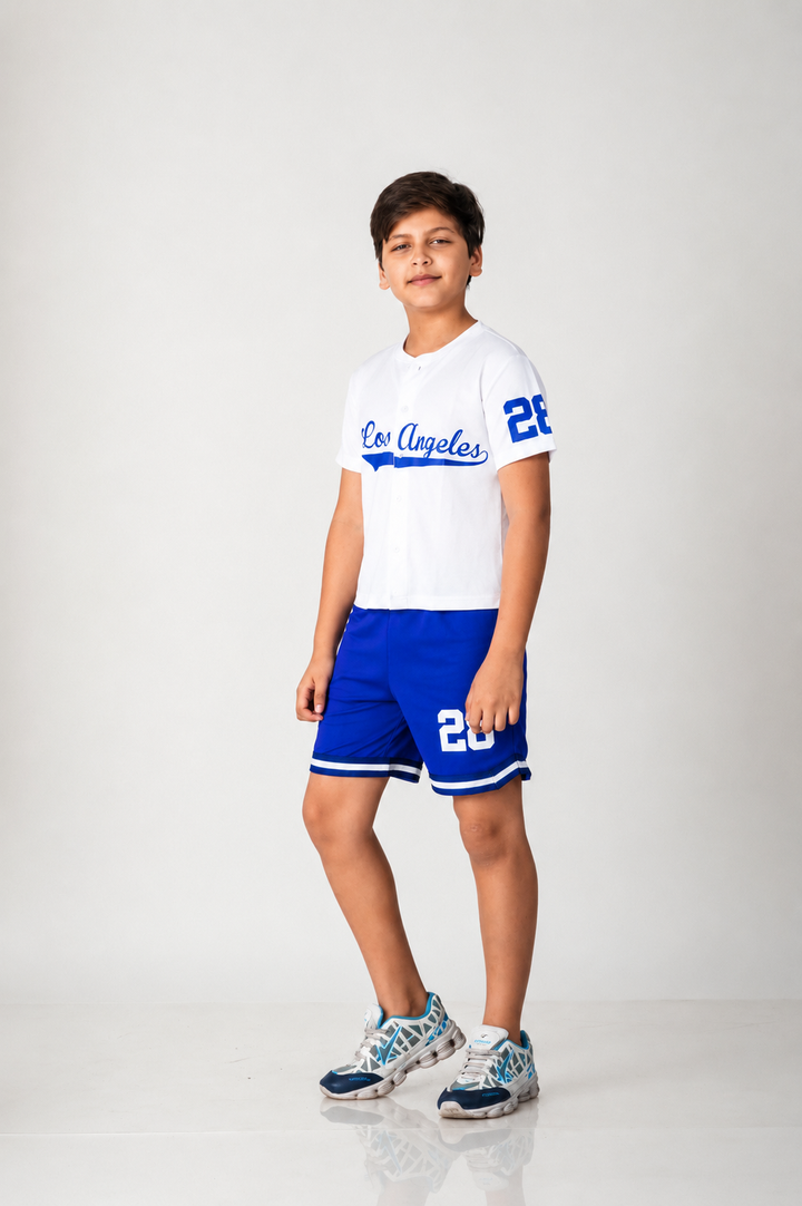Los Angeles Varsity Co-ord Set – White Baseball Jersey & Royal Blue Shorts