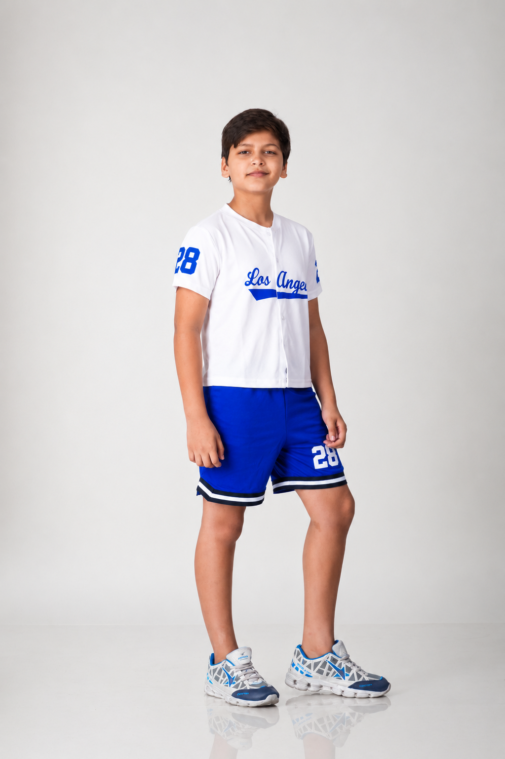 Los Angeles Varsity Co-ord Set – White Baseball Jersey & Royal Blue Shorts
