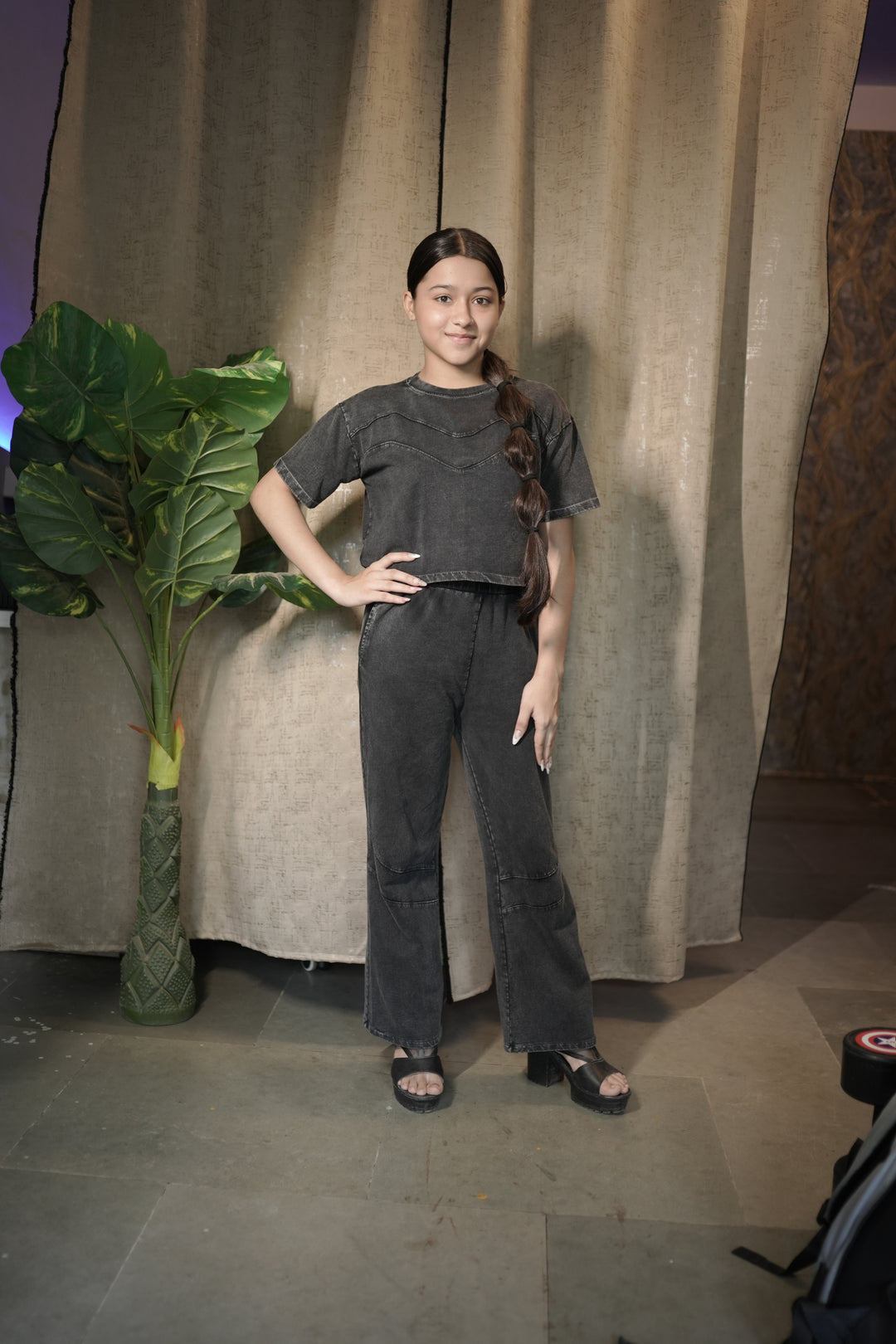 ATHLZR Girls' 100% Cotton Overdyed Acid Wash Co-Ord Set