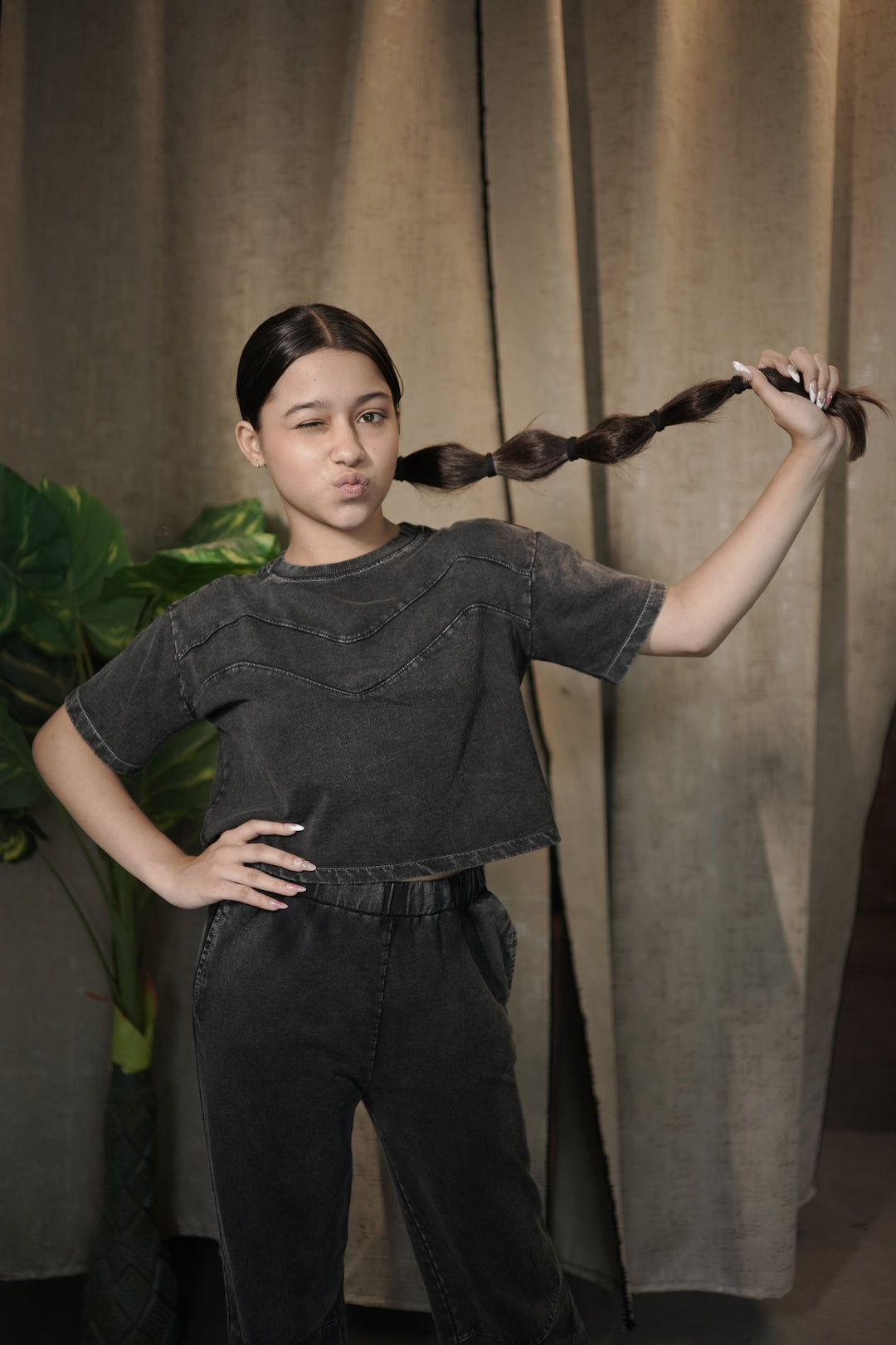 ATHLZR Girls' 100% Cotton Overdyed Acid Wash Co-Ord Set