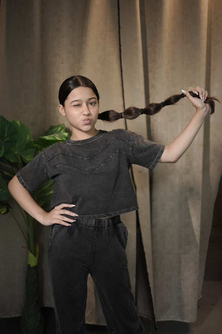 ATHLZR Girls' 100% Cotton Overdyed Acid Wash Co-Ord Set