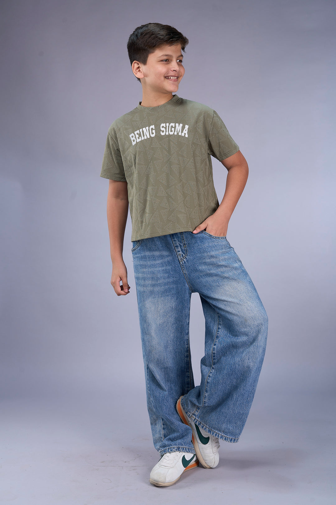 Boys Jacquard T-Shirt with Front Embroidery – Ivory & Green