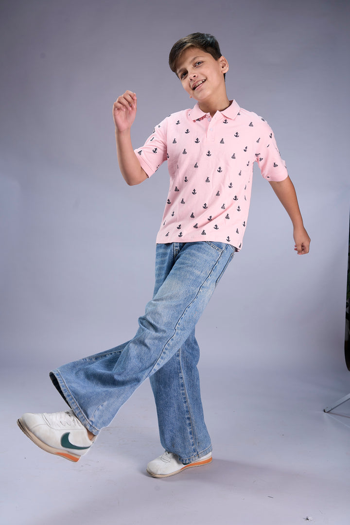 Boys 100% Cotton Pique All-Over Embroidered Polo T-Shirt