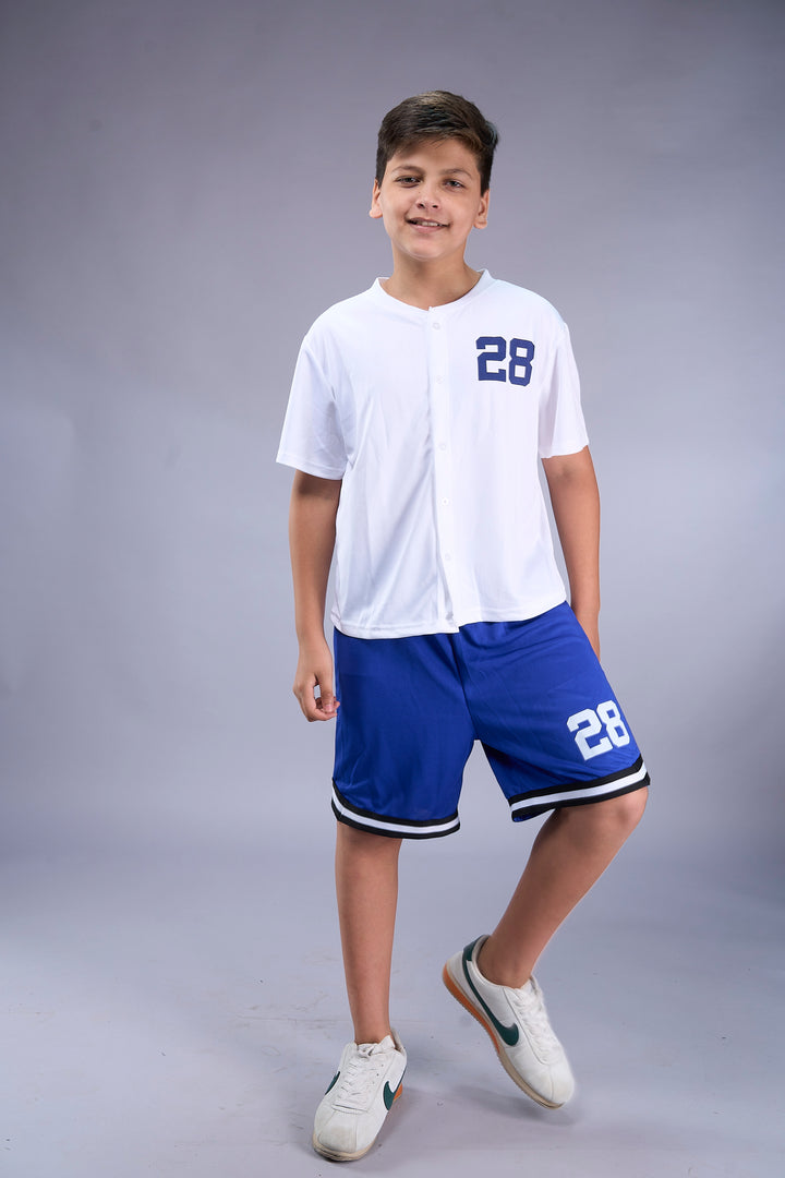 Los Angeles Varsity Co-ord Set – White Baseball Jersey & Royal Blue Shorts