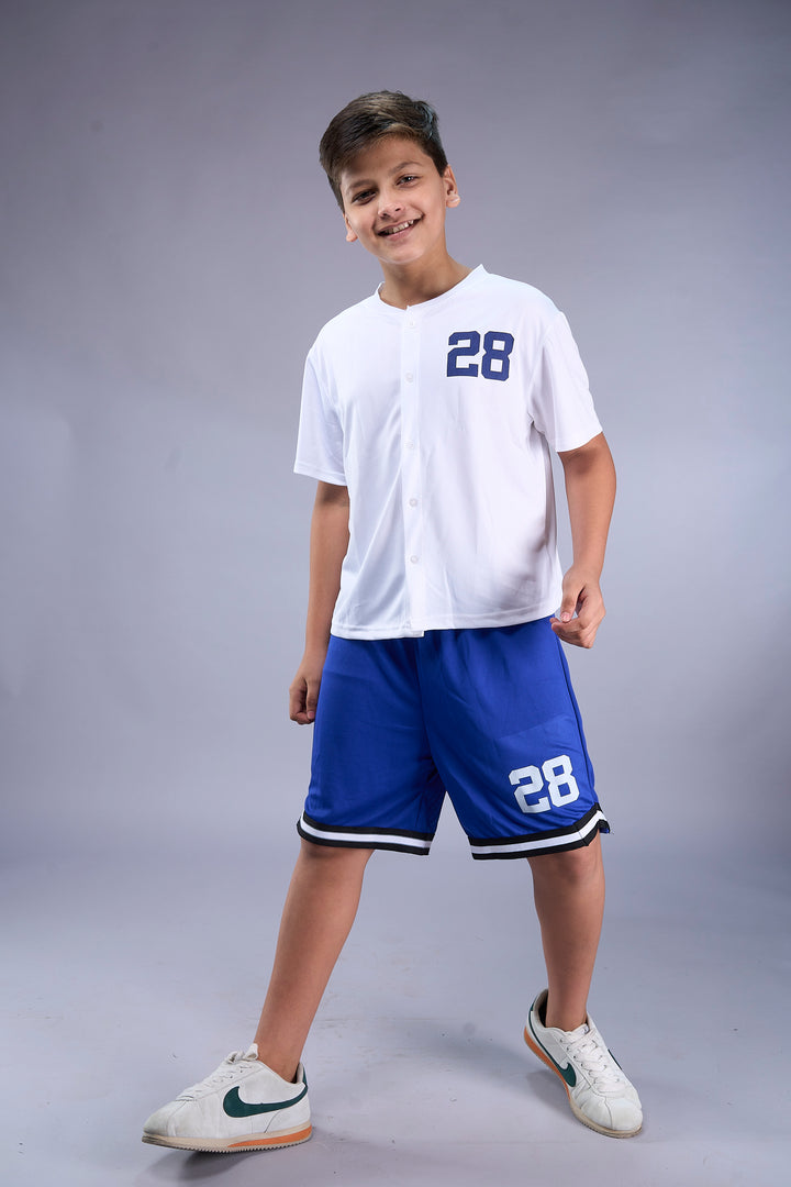 Los Angeles Varsity Co-ord Set – White Baseball Jersey & Royal Blue Shorts