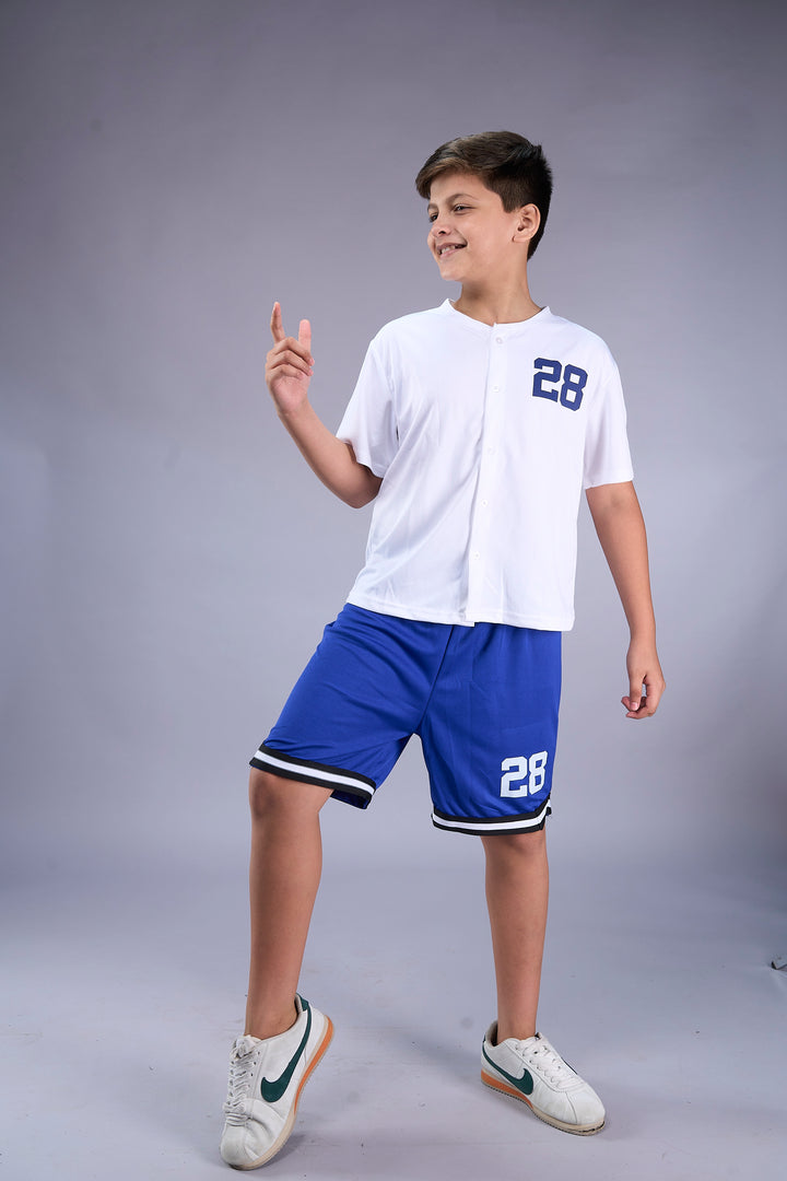Los Angeles Varsity Co-ord Set – White Baseball Jersey & Royal Blue Shorts