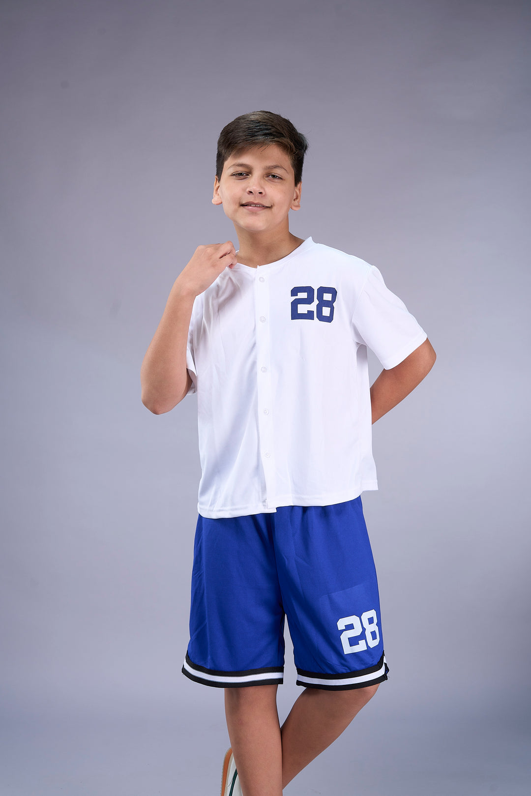 Los Angeles Varsity Co-ord Set – White Baseball Jersey & Royal Blue Shorts