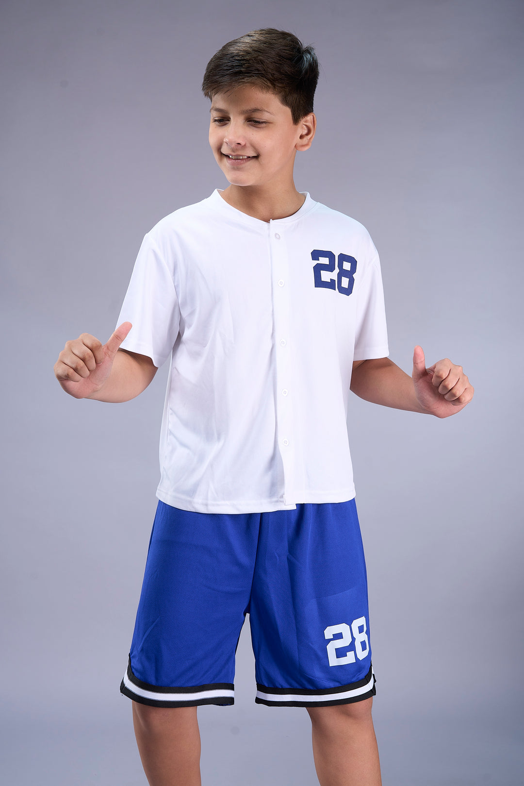 Los Angeles Varsity Co-ord Set – White Baseball Jersey & Royal Blue Shorts