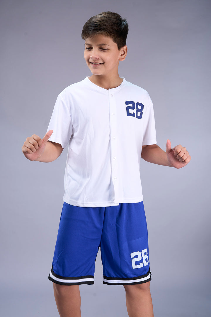 Los Angeles Varsity Co-ord Set – White Baseball Jersey & Royal Blue Shorts