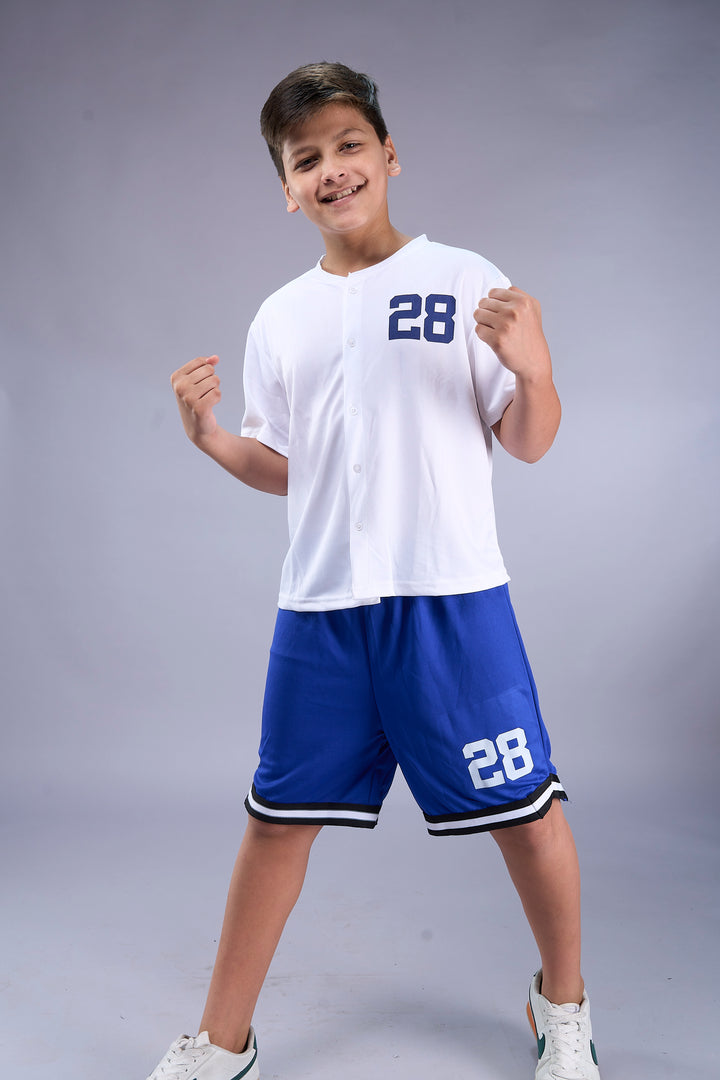 Los Angeles Varsity Co-ord Set – White Baseball Jersey & Royal Blue Shorts