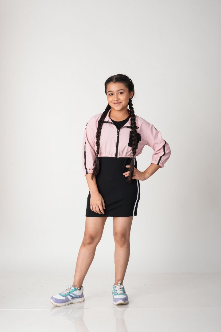 ATLHLZR Premium Girls 2-Piece Layered Dress Set-Nylon Woven Zip Jacket with Stretch Tank Dress