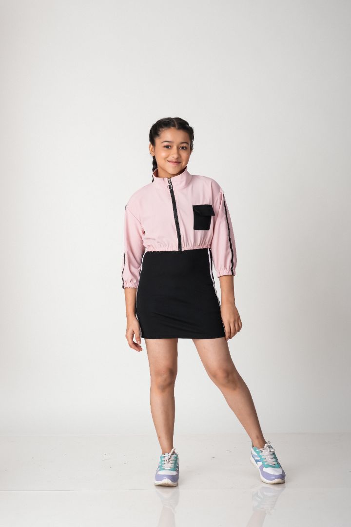 ATLHLZR Premium Girls 2-Piece Layered Dress Set-Nylon Woven Zip Jacket with Stretch Tank Dress