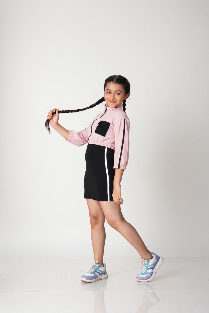 ATLHLZR Premium Girls 2-Piece Layered Dress Set-Nylon Woven Zip Jacket with Stretch Tank Dress