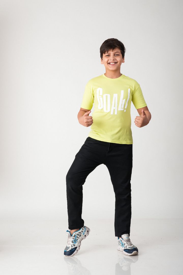 Boys Lime Green Goal! Puff Print Cotton T-Shirt