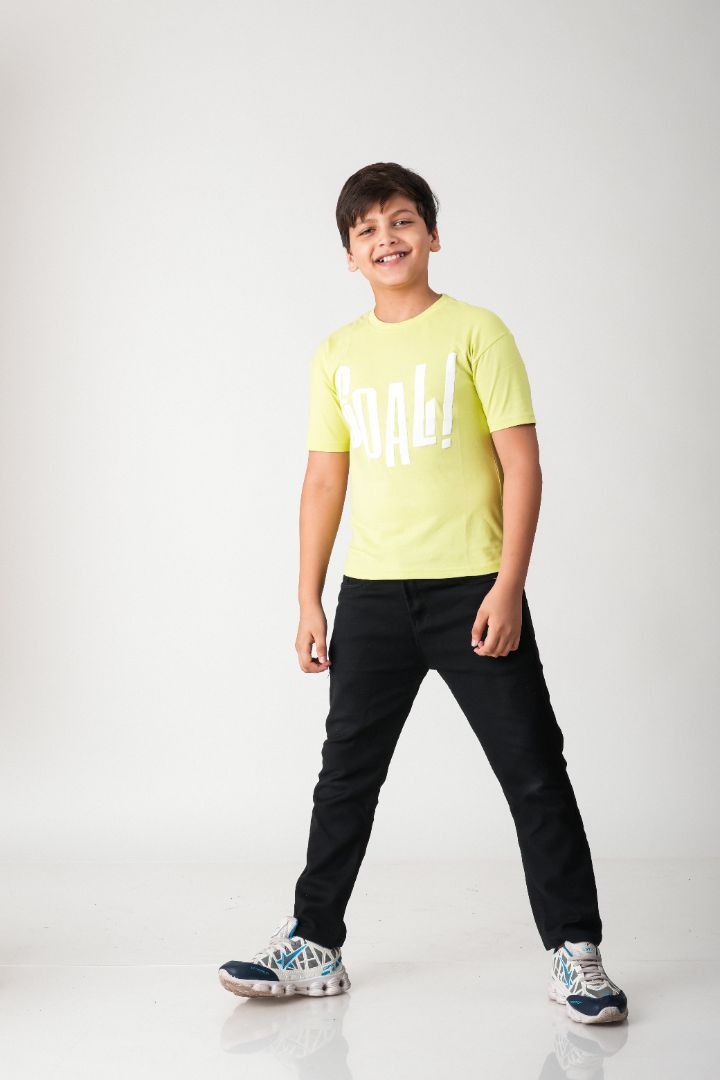 Boys Lime Green Goal! Puff Print Cotton T-Shirt