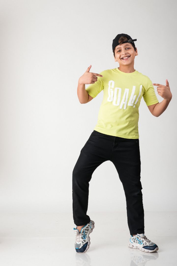 Boys Lime Green Goal! Puff Print Cotton T-Shirt
