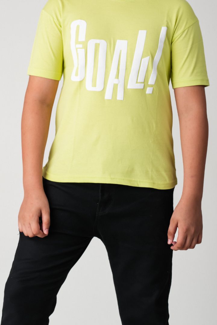 Boys Lime Green Goal! Puff Print Cotton T-Shirt