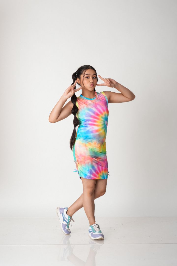 ATHLZR Tie-Dye Ruched Bodycon Dress – Rainbow Swirl