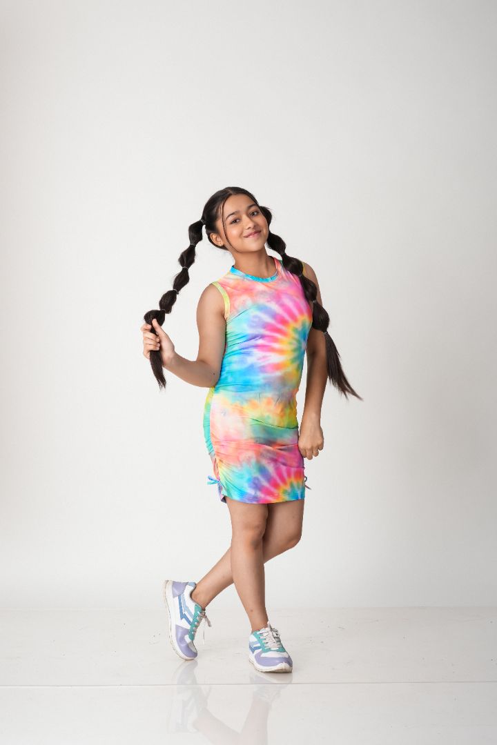 ATHLZR Tie-Dye Ruched Bodycon Dress – Rainbow Swirl
