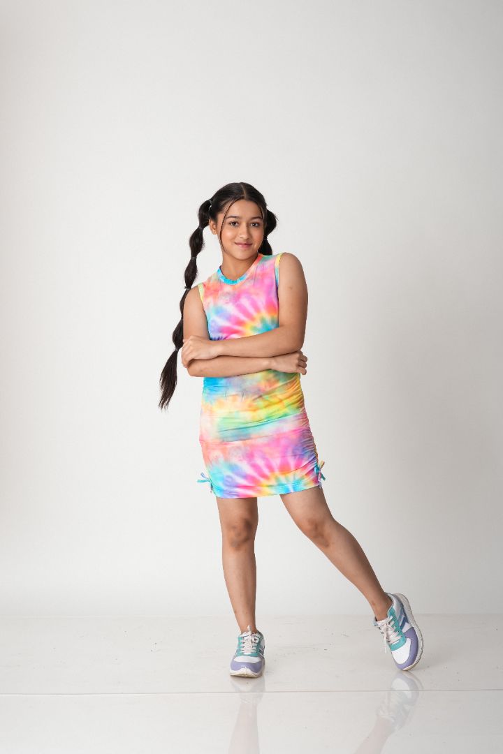 ATHLZR Tie-Dye Ruched Bodycon Dress – Rainbow Swirl
