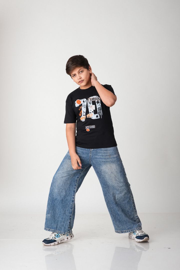 Boys Black "Famous 78" Graphic Cotton T-Shirt