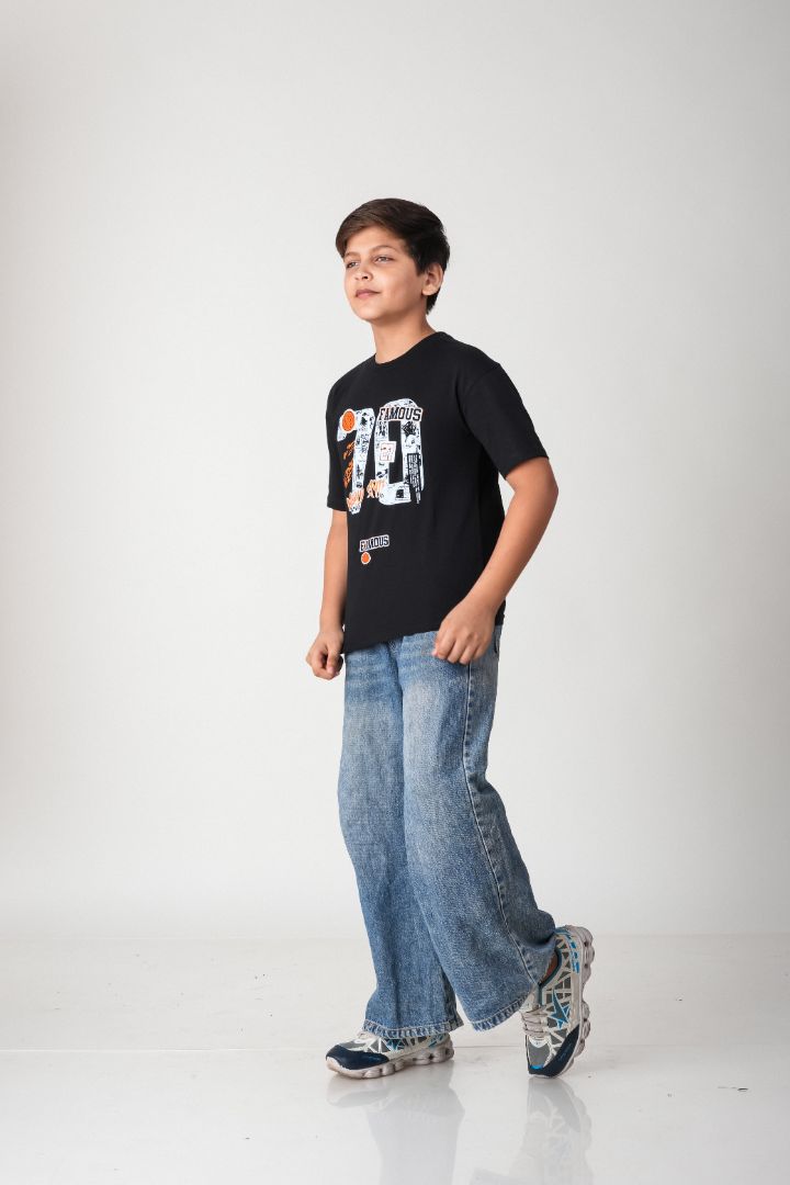 Boys Black "Famous 78" Graphic Cotton T-Shirt