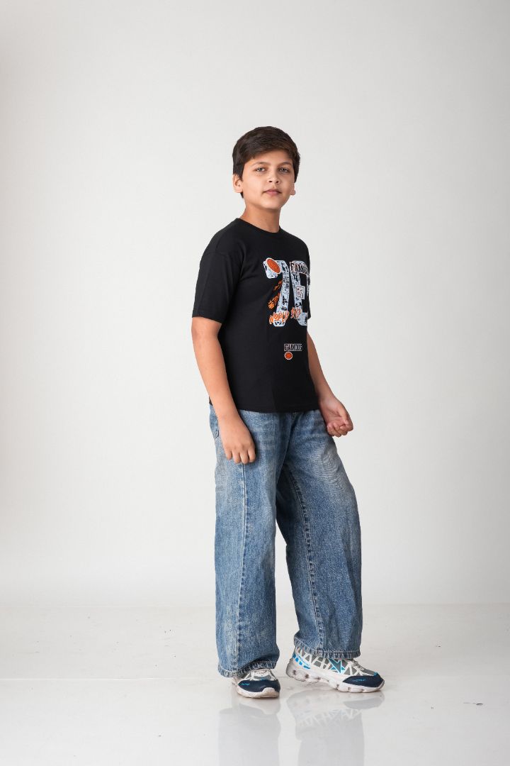 Boys Black "Famous 78" Graphic Cotton T-Shirt