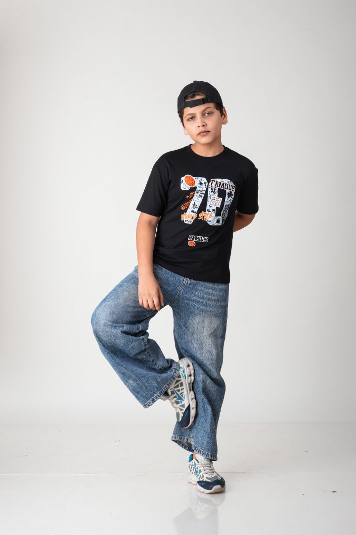 Boys Black "Famous 78" Graphic Cotton T-Shirt