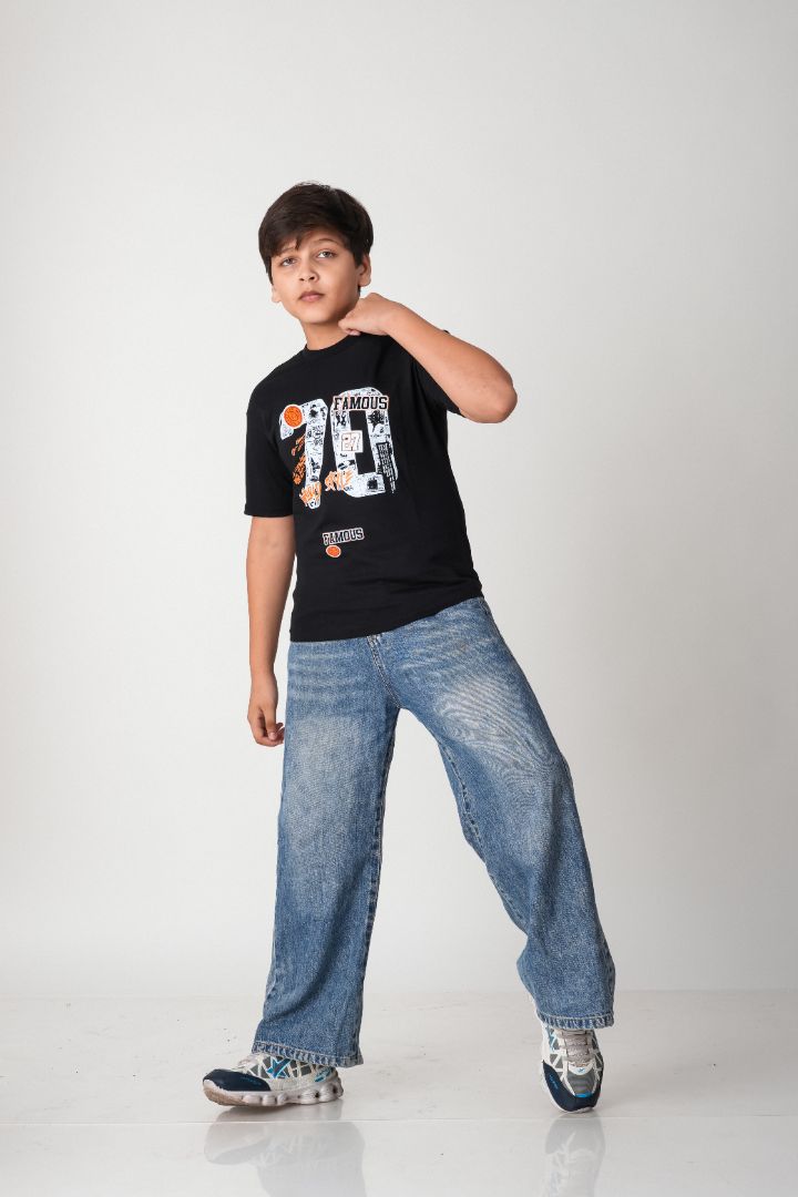 Boys Black "Famous 78" Graphic Cotton T-Shirt