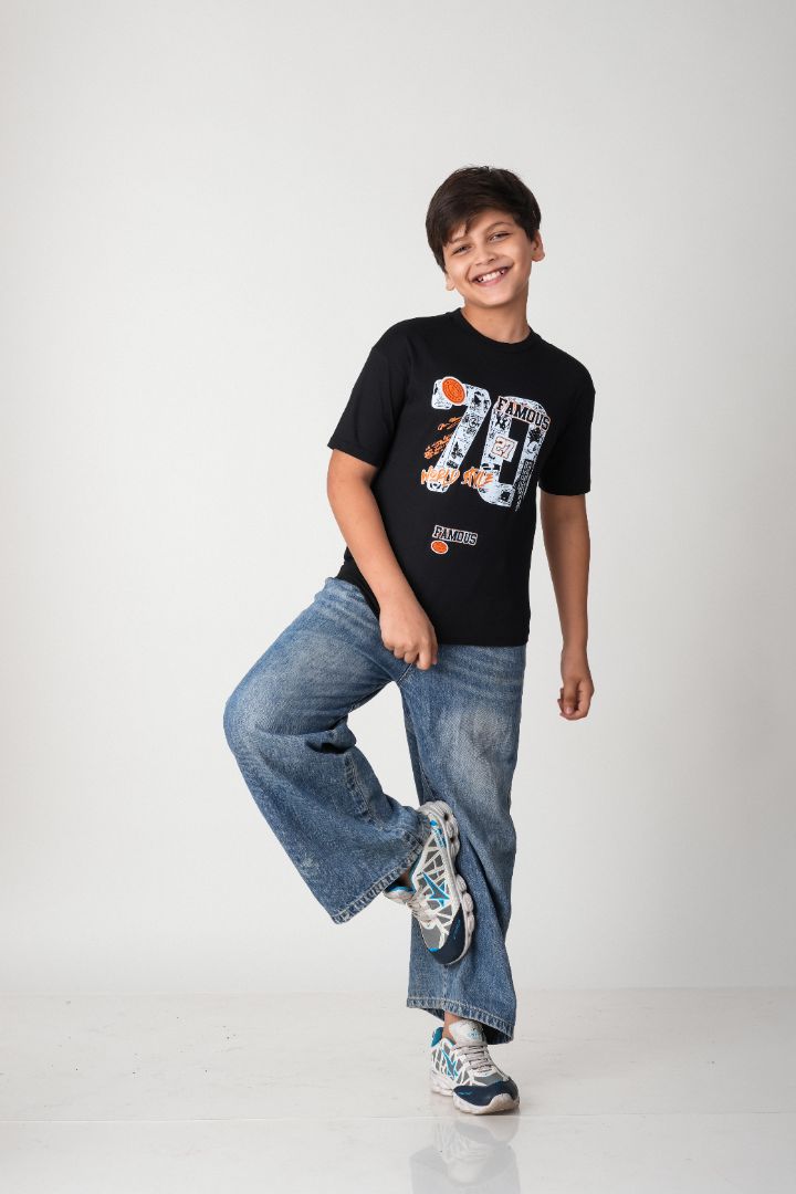 Boys Black "Famous 78" Graphic Cotton T-Shirt