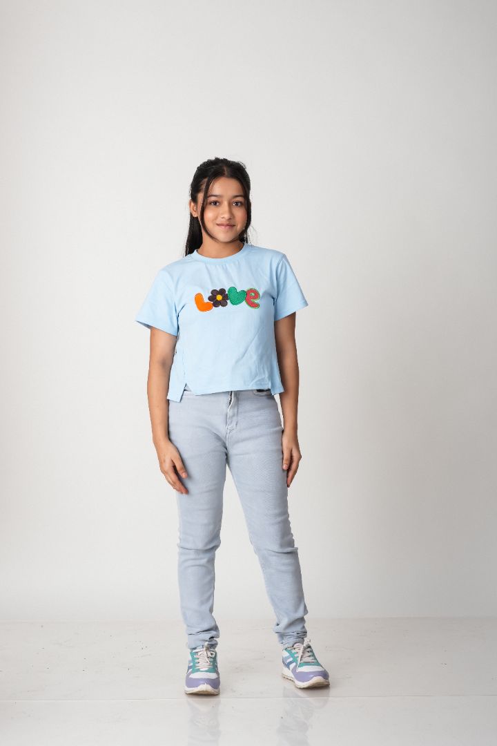 Girls Embroidered Cotton T-Shirt – 100% Cotton Everyday Tee -Sky Blue