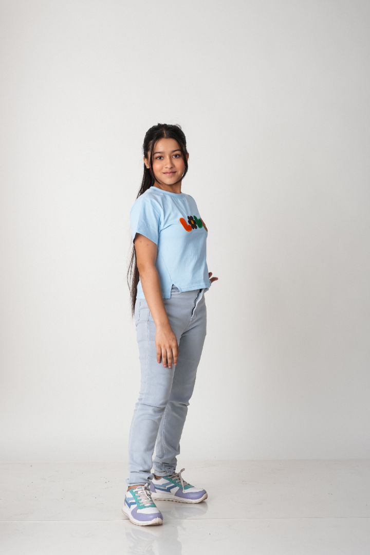 Girls Embroidered Cotton T-Shirt – 100% Cotton Everyday Tee -Sky Blue