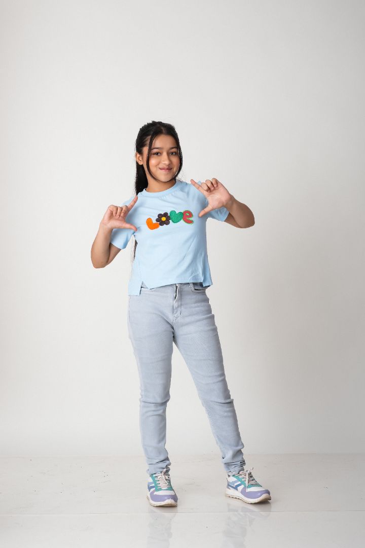Girls Embroidered Cotton T-Shirt – 100% Cotton Everyday Tee -Sky Blue