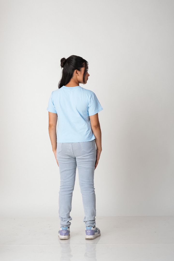 Girls Embroidered Cotton T-Shirt – 100% Cotton Everyday Tee -Sky Blue