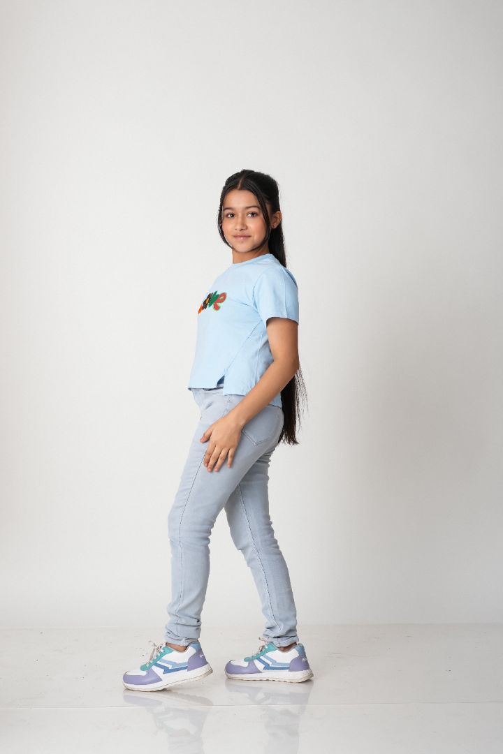 Girls Embroidered Cotton T-Shirt – 100% Cotton Everyday Tee -Sky Blue