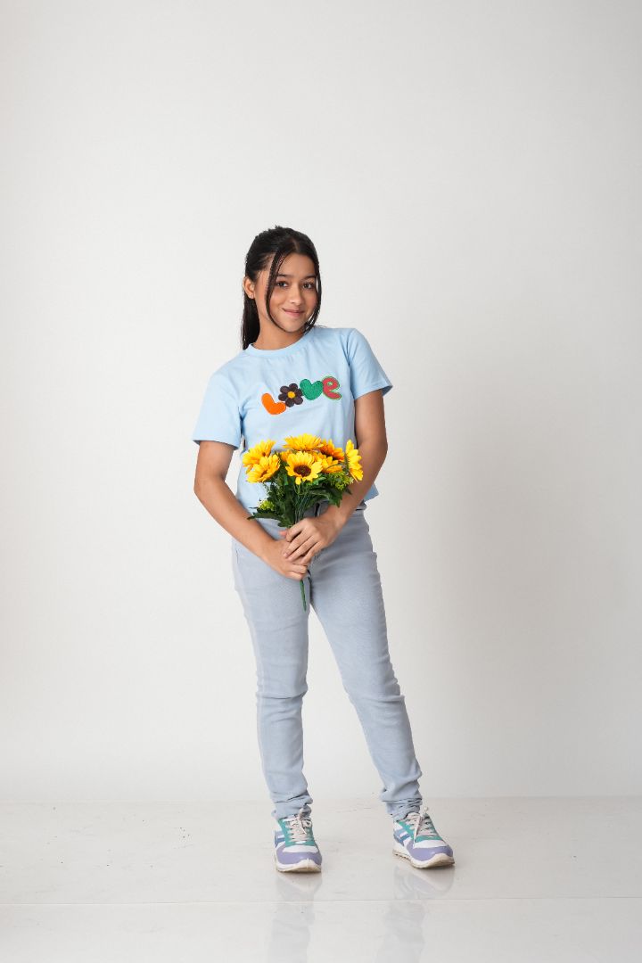 Girls Embroidered Cotton T-Shirt – 100% Cotton Everyday Tee -Sky Blue