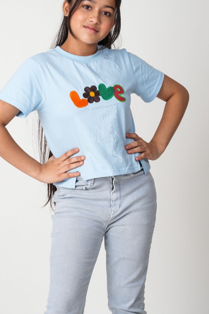 Girls Embroidered Cotton T-Shirt – 100% Cotton Everyday Tee -Sky Blue